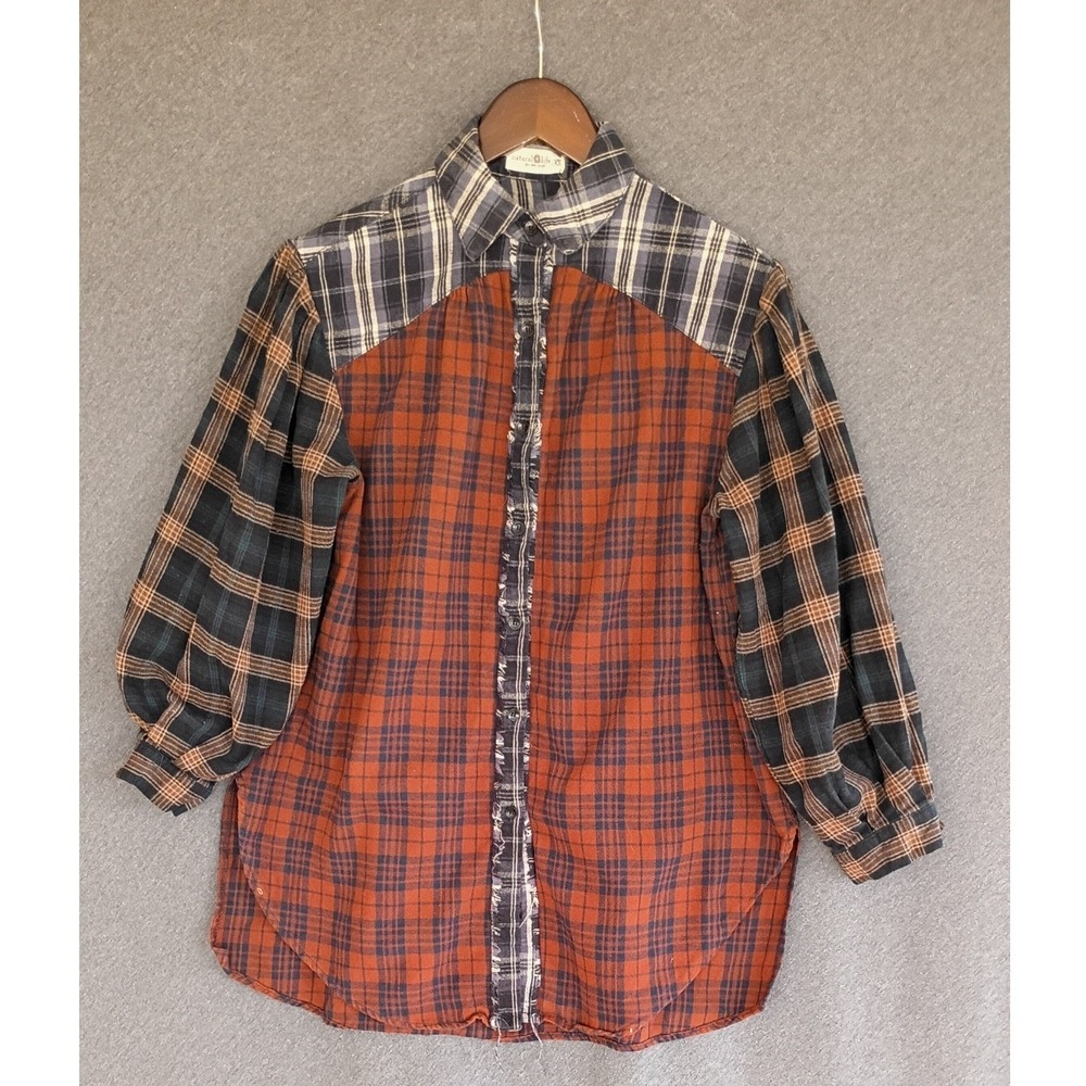 Natural Life Patchwork Plaid Flannel Shirt Mixed Print Frayed Trim XS Oversized